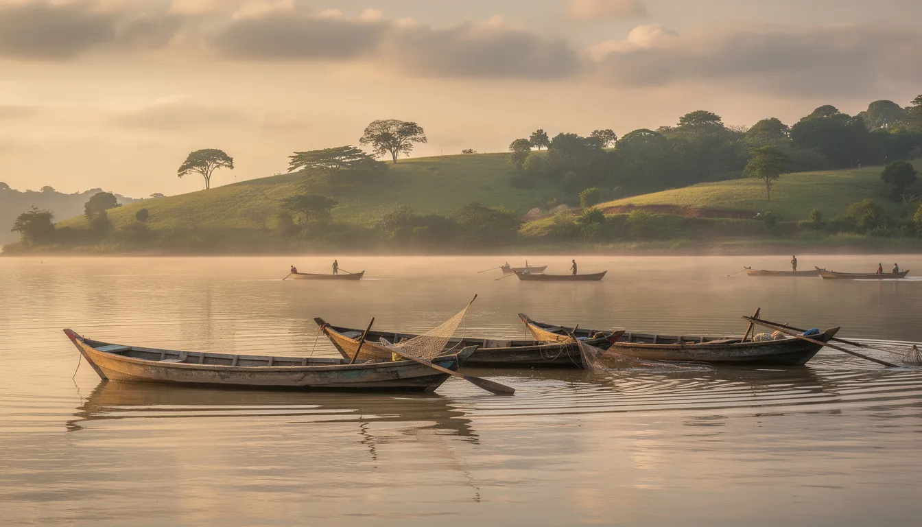Vista panorámica del Lago Volta, donde se pueden observar barcos de pesca tradicionales navegando en sus aguas, rodeados de colinas verdes que se extienden en el fondo, representando un hermoso paisaje de África occidental. Este lugar es un destino turístico que refleja la belleza natural y la cultura de la región.