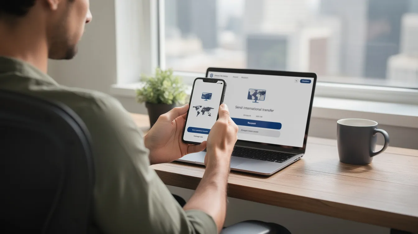 A person is sitting at a desk, using a smartphone to send an international money transfer, showcasing the convenience of mobile money and digital financial services. This image highlights the ease of making financial transactions and peer-to-peer transfers across borders.