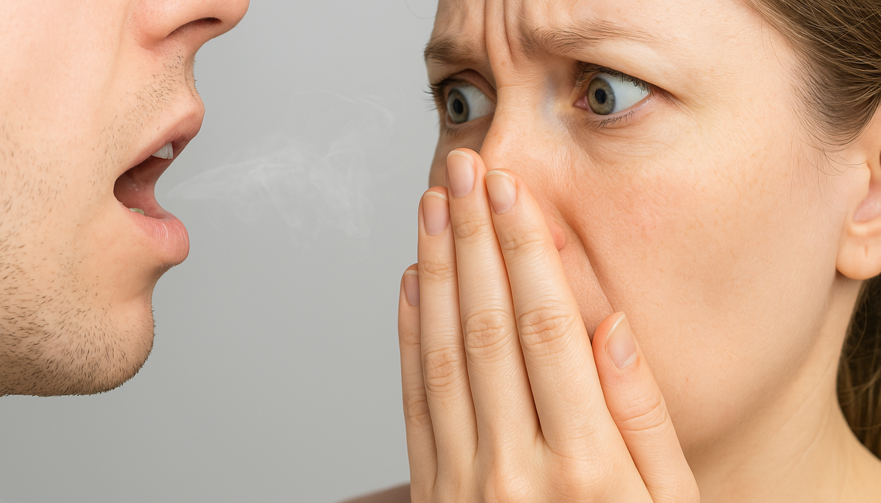 Kvinne reagerer på dårlig ånde fra mann, synlig pust og uttrykk av ubehag i nøytral bakgrunn.