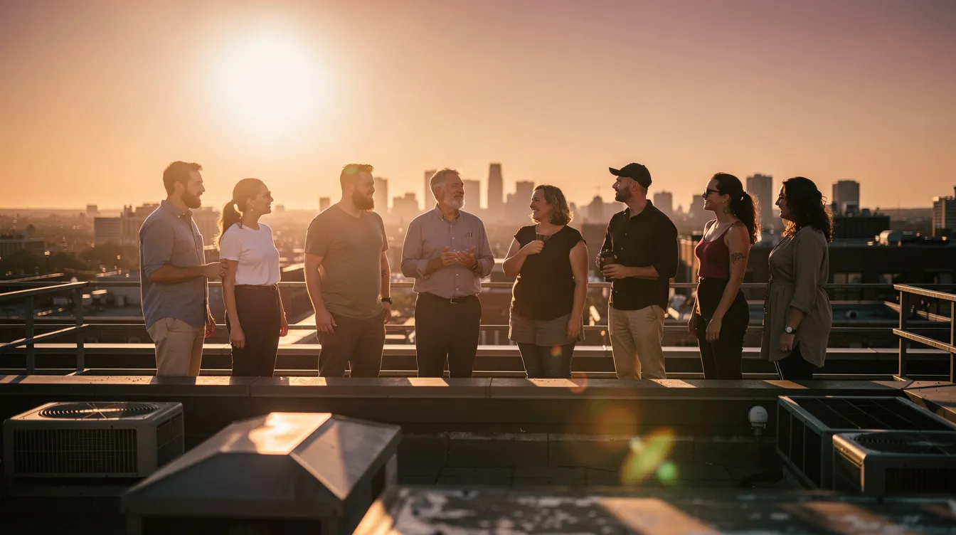 Eine Gruppe von acht Personen unterschiedlichen Alters und Geschlechts steht gemeinsam auf einem Dach bei Sonnenuntergang, jede Person in einer einzigartigen Pose, was eine filmische Atmosphäre schafft. Die verschiedenen Figuren wirken wie Protagonisten eines dramatischen Theaterstücks, das die Vielfalt menschlicher Emotionen und Beziehungen widerspiegelt.
