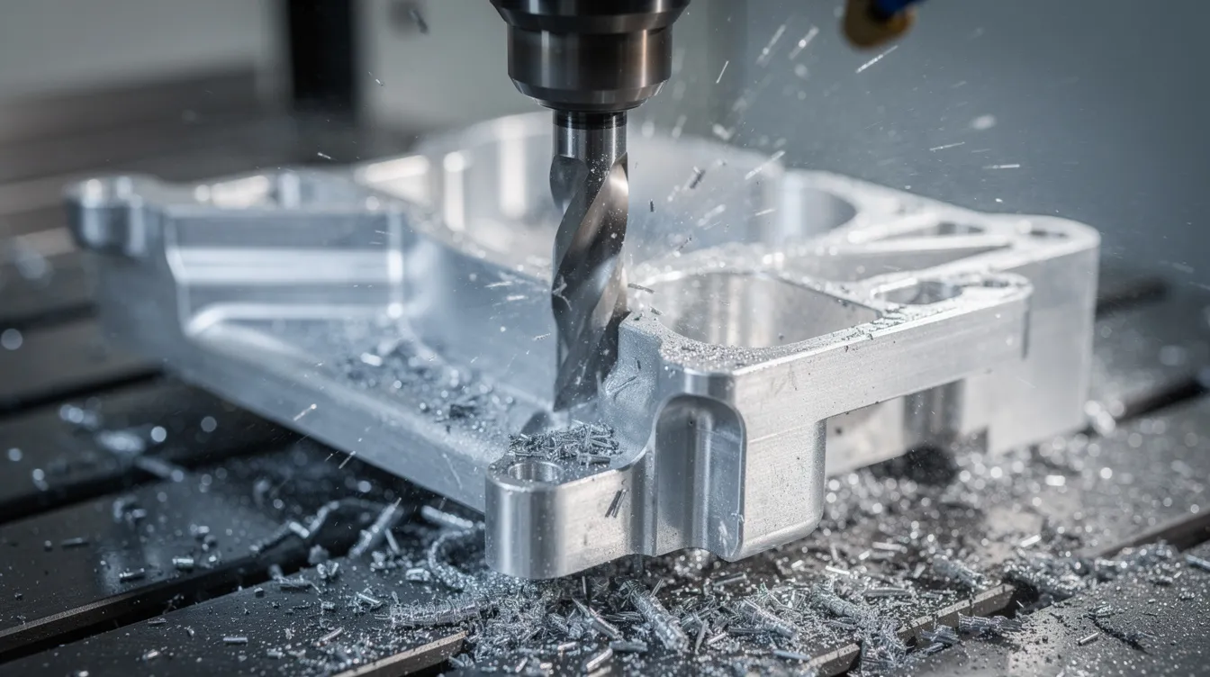 The image shows a close-up view of a five-axis CNC machine actively cutting an aluminum aerospace bracket, with a visible spray of coolant enhancing the machining process. This scene highlights advanced manufacturing technologies used in rapid prototyping services, ensuring high precision and tight tolerances for functional prototypes.