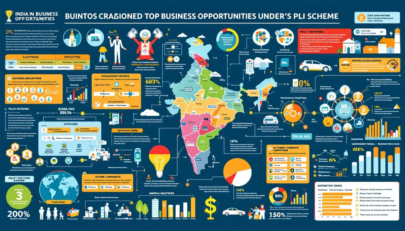A collage of images representing top business opportunities under the PLI scheme in India.