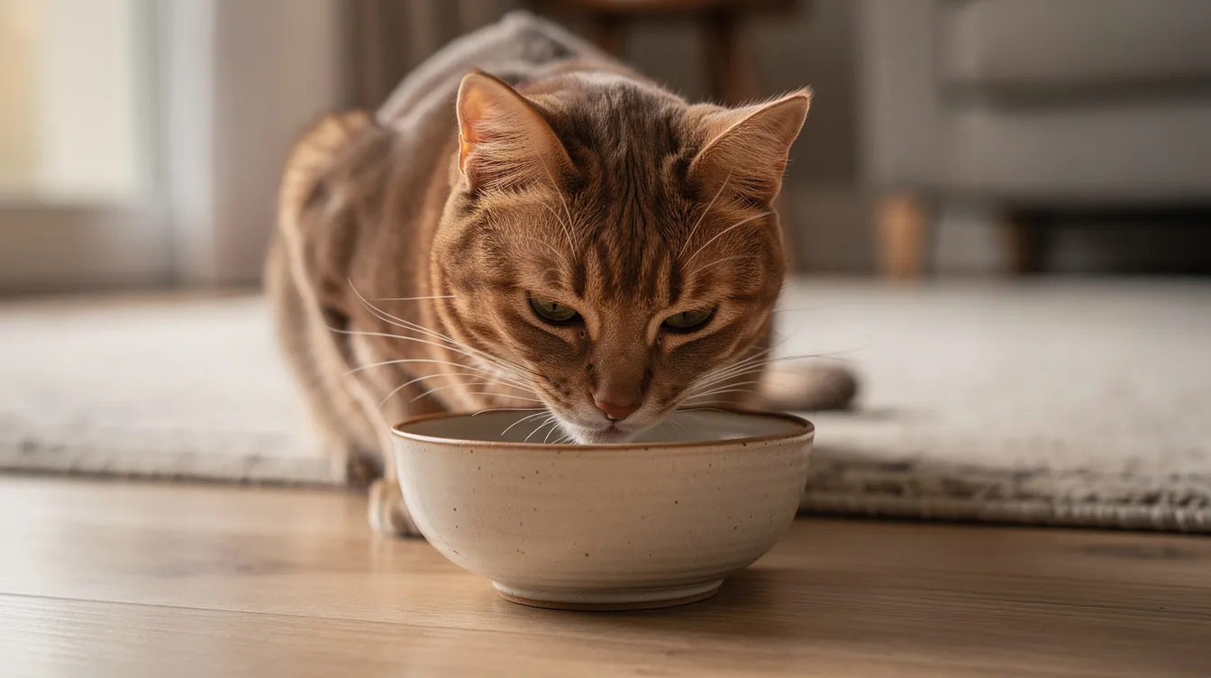 A healthy cat is eating from a ceramic bowl in a serene home environment, showcasing its good appetite and overall health. This scene reflects the importance of proper nutrition for cats, which can help prevent complications related to conditions like diabetes and kidney disease.