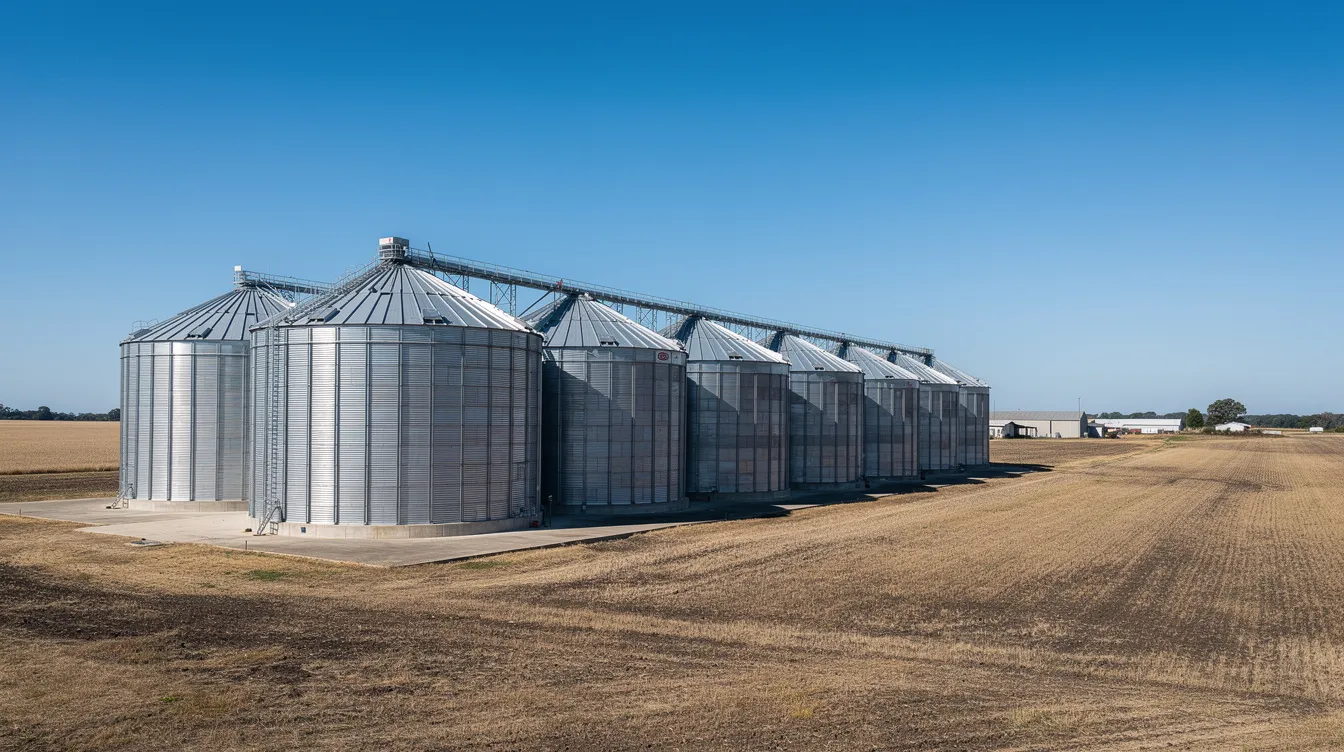 6ac8ef63 2959 4ec1 acab 171975419ecc The image depicts rows of large modern steel grain silos set against a clear sky in an expansive agricultural landscape. These silos, designed for scientific storage, are part of various silo projects aimed at enhancing food supply management in the country.