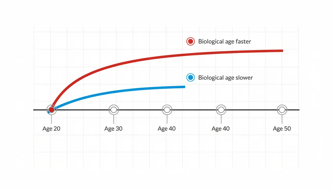The image depicts a timeline illustration with two curved lines diverging from a straight horizontal line, symbolizing the concept of biological age, which can progress at different rates compared to chronological age. This visual representation highlights the aging process and suggests that lifestyle choices, environmental factors, and genetic influences can impact healthy aging and the risk of age-related diseases.