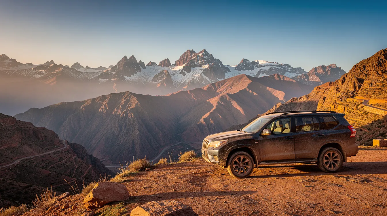 Un SUV aparcado en un mirador de montaña con las cumbres del Alto Atlas al fondo.