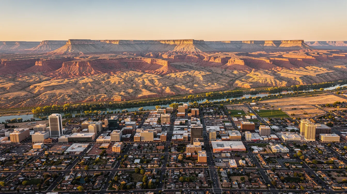 An aerial view of Grand Junction, Colorado showcases the cityscape with its distinctive mesas and the winding Colorado River in the background. This image reflects the vibrant community where injured workers can seek legal help from workers compensation attorneys for their claims related to workplace injuries.