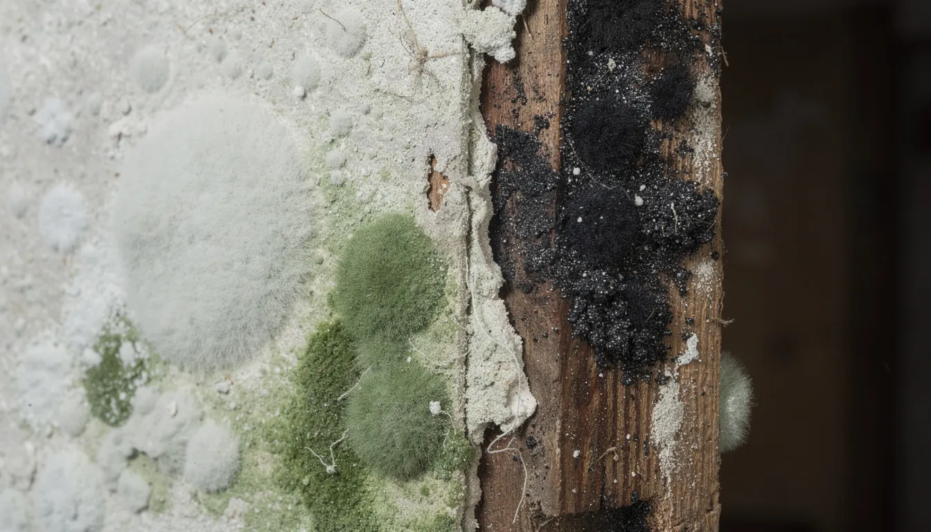 The image depicts various types of mold growth in different colors, including white, green, and black patches, on building materials such as drywall and ceiling tiles. This mold exposure can lead to potential health risks, including respiratory conditions and allergic reactions, particularly in damp indoor spaces with excess moisture.