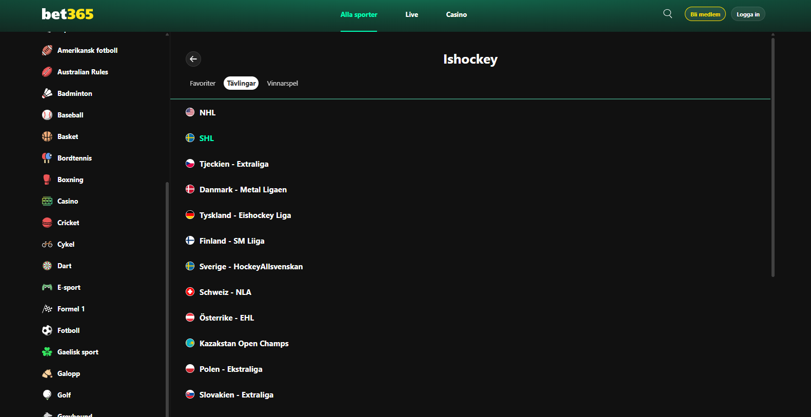 Ishockey hos Bet365 med odds på bland annat NHL, SHL och flera europeiska hockeyligor.