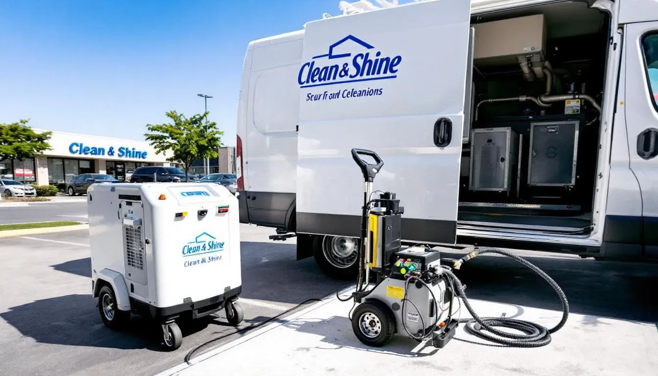 Top 3 Best Carpet Cleaning Home Tips for a Fresh and Spotless Floor 7 A portable steam machine is positioned next to a white van, which has a truckmount carpet cleaning machine inside. This setup is ideal for carpet cleaners, providing easy access to effective cleaning solutions for tackling tough stains and maintaining clean carpets.