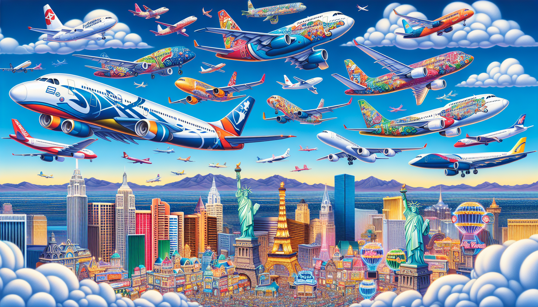 A cartoon showcasing popular airlines flying from Philadelphia to Las Vegas.