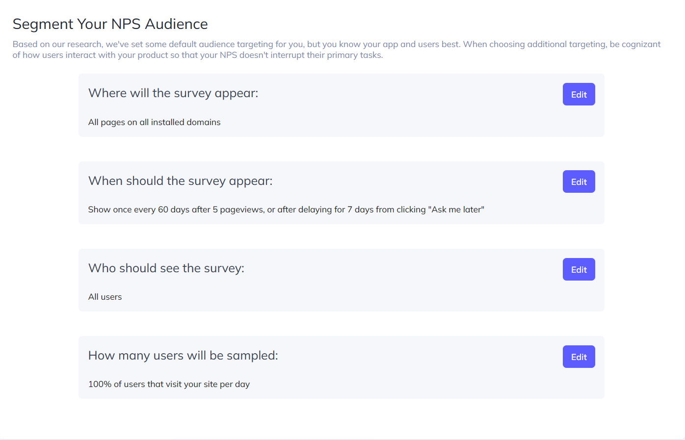 NPS targeting settings in Appcues