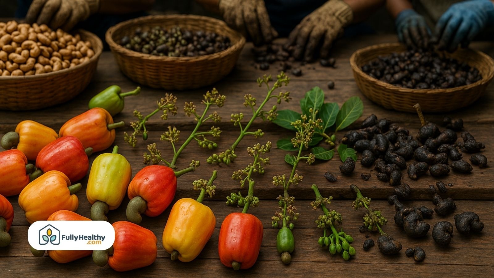Harvested cashew apples with raw seeds and shells on wooden table
