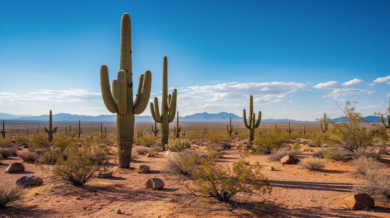 The image depicts a serene desert landscape in Arizona, showcasing tall saguaro cacti against a vibrant blue sky. This natural setting reflects the agricultural vitality of the region, where laws regarding hemp cultivation and cannabis products are increasingly relevant.
