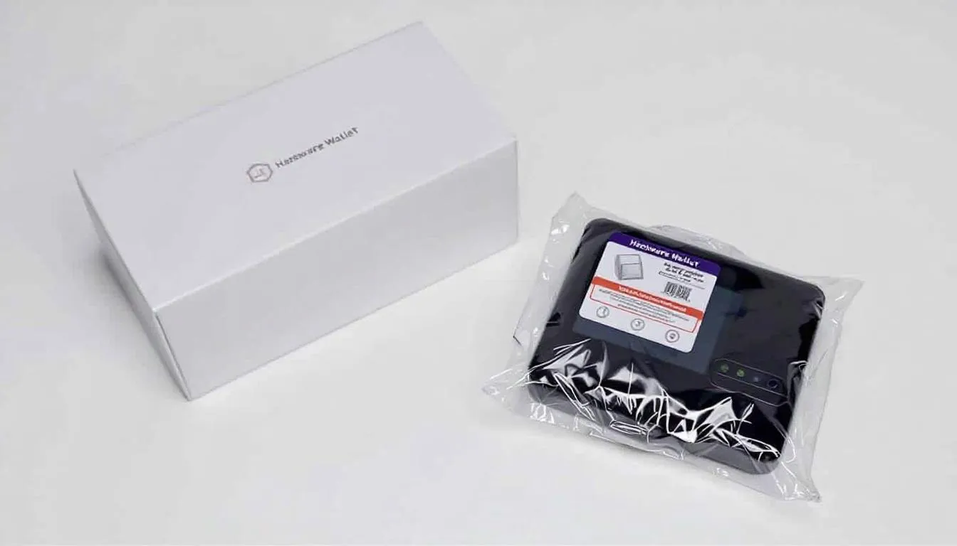 An unboxing scene of a hardware wallet, showcasing tamper-evident packaging seals that ensure maximum security for your private keys. The image highlights the physical device, emphasizing its role in securely managing crypto assets and providing cold storage for digital assets.