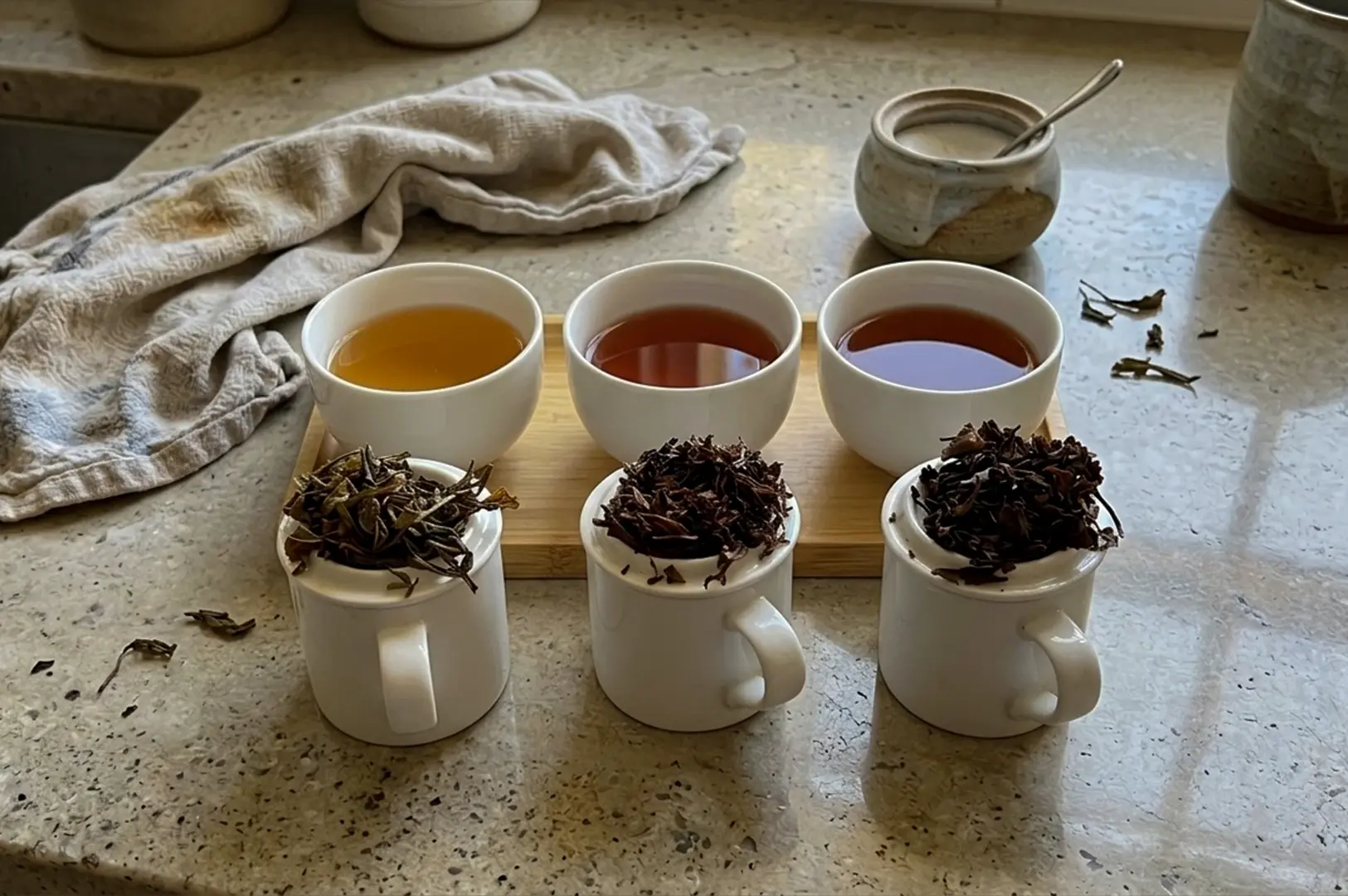 A high-angle, organized shot of a professional tea tasting setup on a speckled stone countertop. Three white porcelain tasting bowls filled with liquid tea ranging in color from a pale golden yellow on the left, to a medium amber in the middle, and a deep reddish-brown on the right, sit in a row on a light wooden tray. Directly in front of each bowl, a matching white porcelain cup holds a pile of the wet, steeped tea leaves corresponding to each brew. A wrinkled linen kitchen towel, loose dried leaves, and a small lidded jar with a spoon are visible in the background.