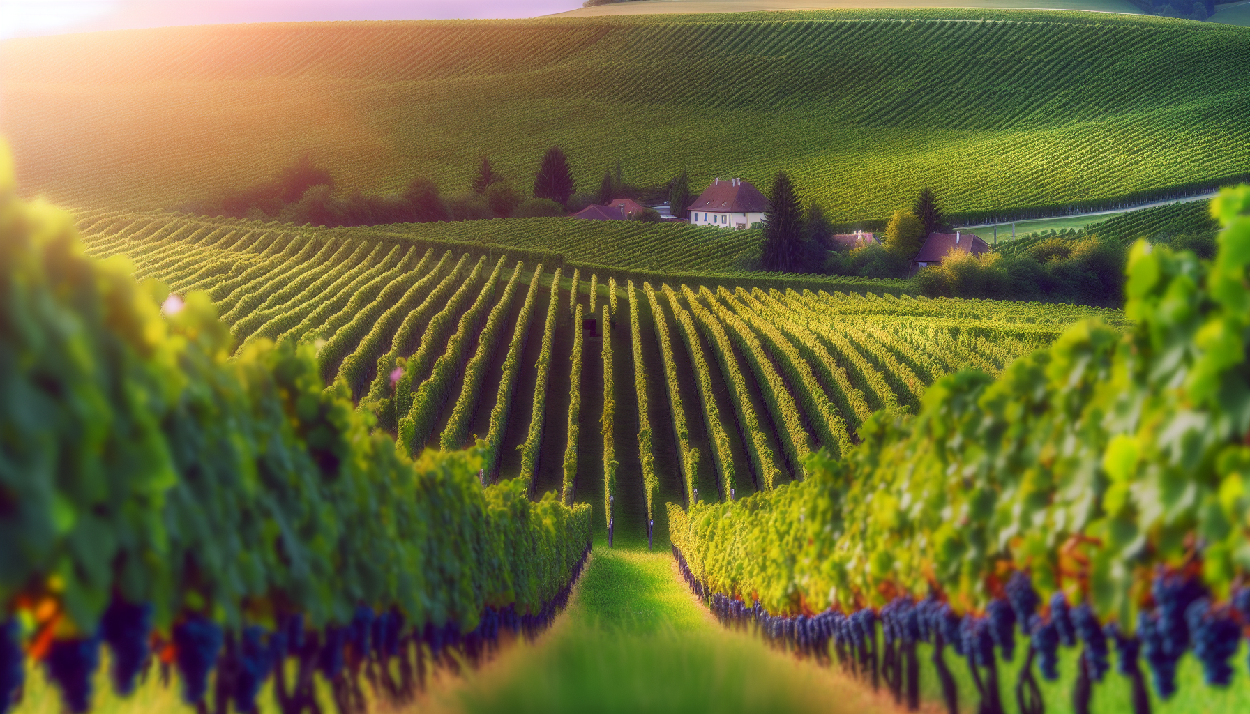 A vineyard with rows of grapevines under the sunlight