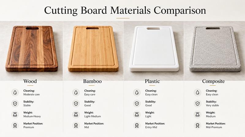 Cutting board materials compared for OEM sourcing and retail development.