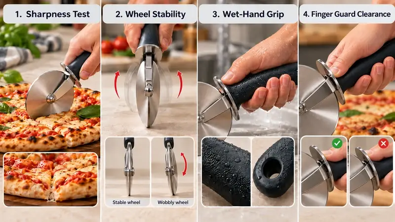 Four-frame test sequence covering sharpness, wheel wobble, wet-hand grip and finger-guard clearance.