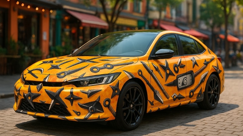 Car wrapped in anime vinyl film featuring ninja-themed decals