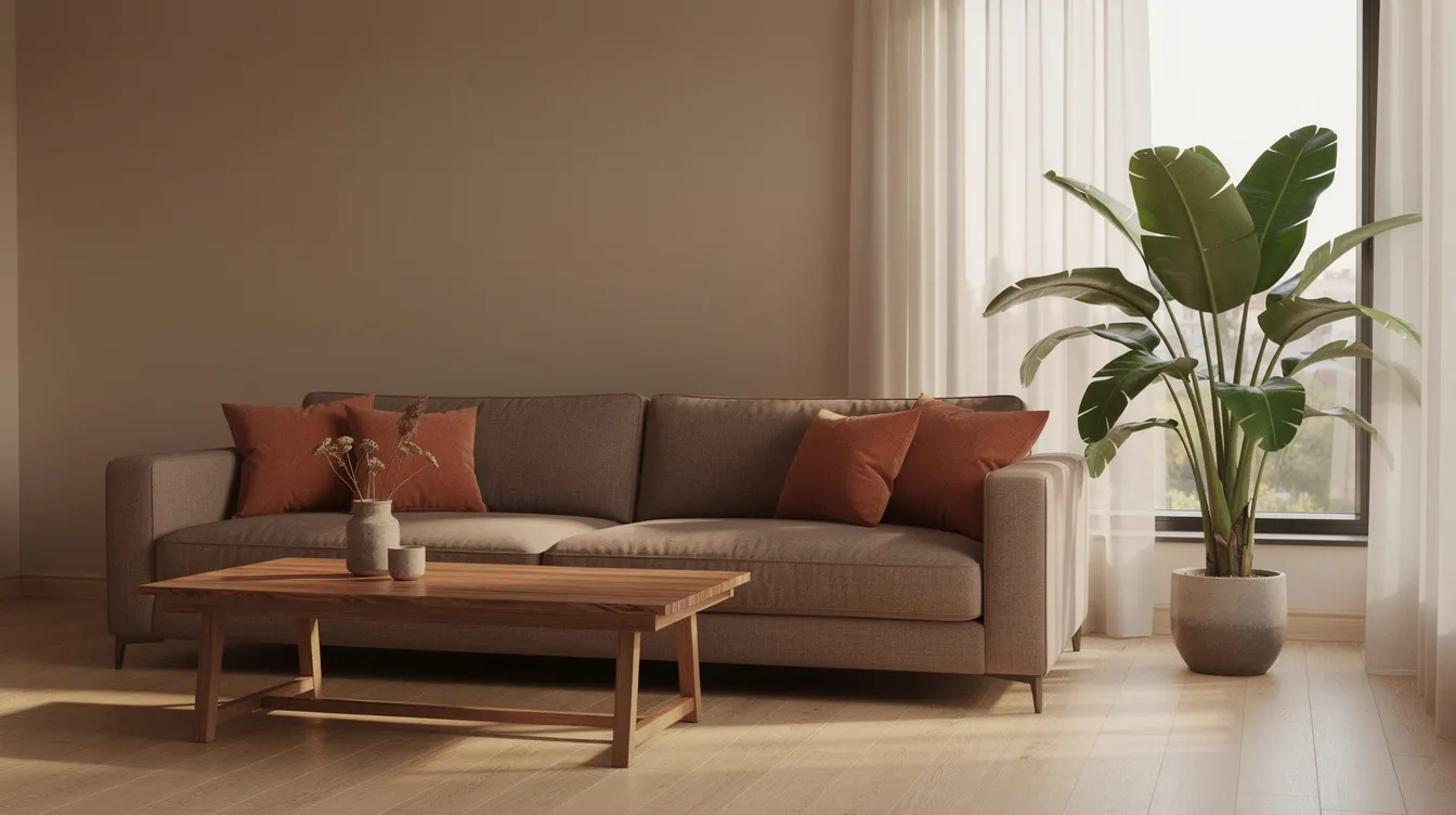 In de woonkamer zijn aardse kleuren prominent aanwezig, met een taupe bank en terracotta kussens die een warm contrast bieden. Een houten salontafel en een grote groene plant bij het raam dragen bij aan de natuurlijke uitstraling van de ruimte.