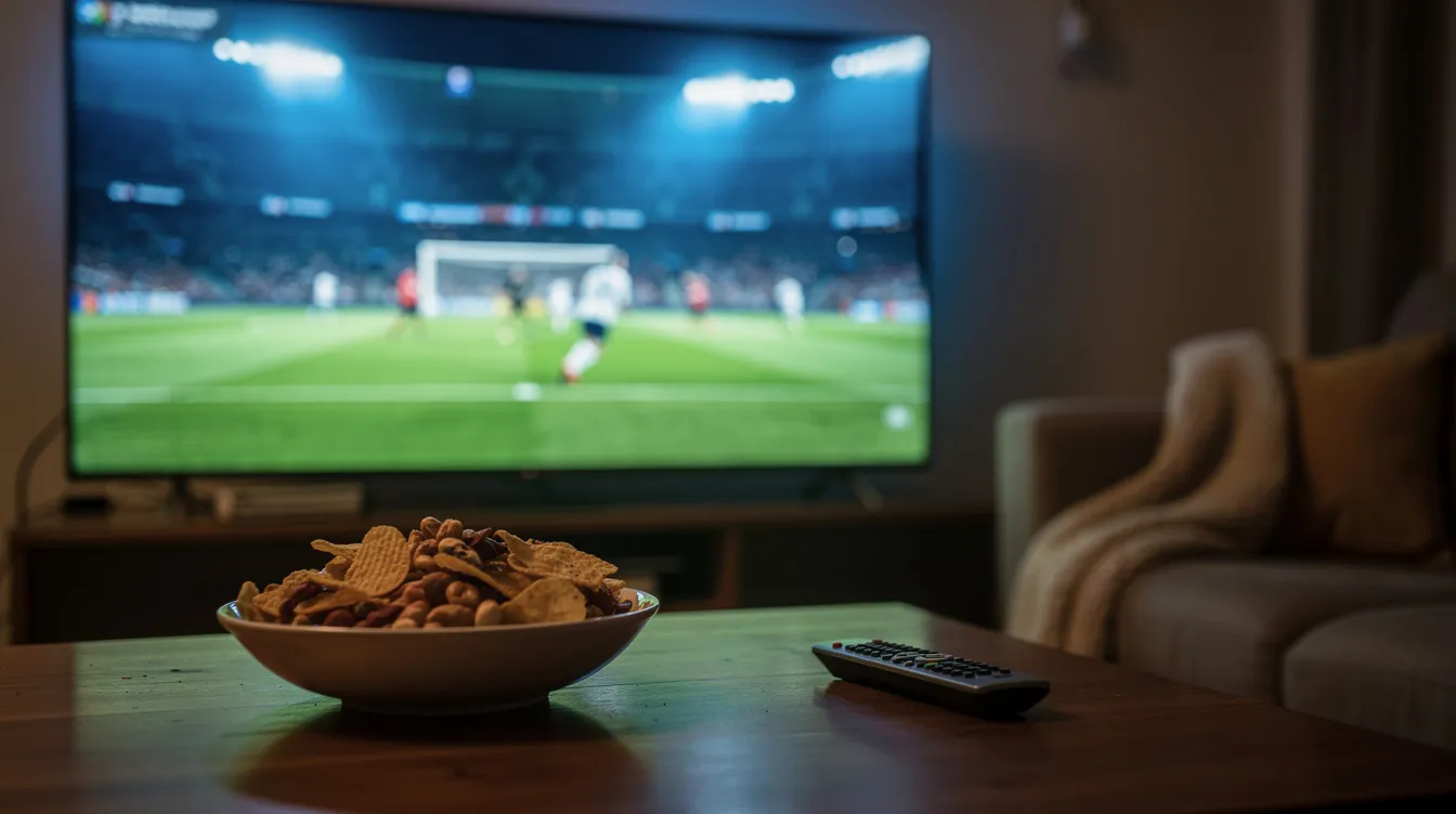 A close-up view of a large TV screen displaying a live soccer match, set in a dimly lit living room, with a bowl of snacks prominently placed on the coffee table in the foreground, perfect for enjoying an IPTV Canada service. The scene captures the excitement of watching sports on smart TVs, highlighting the cozy atmosphere for Canadian families.