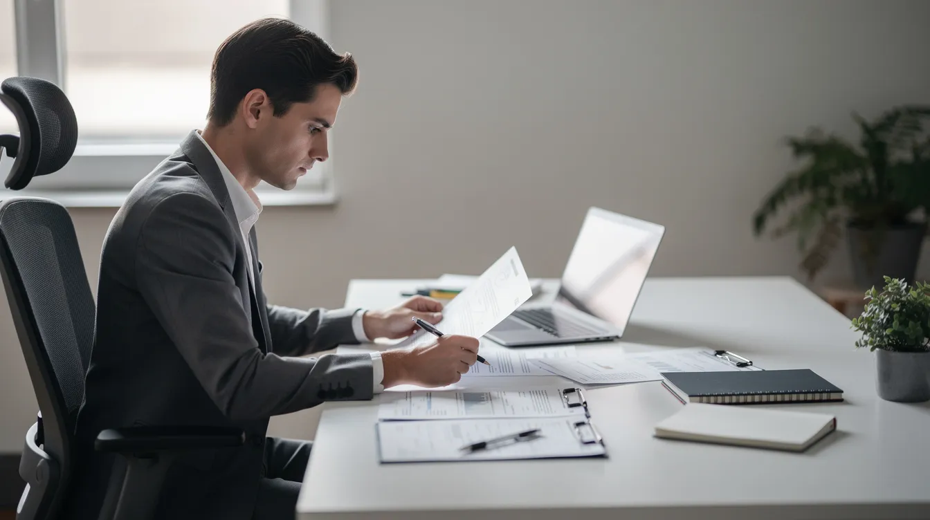 A person is meticulously reviewing paperwork and documents at a tidy desk, with a laptop open beside them. This scene captures the essence of organization and focus, possibly related to the legal status of medical cannabis in North Dakota or compliance with state laws.