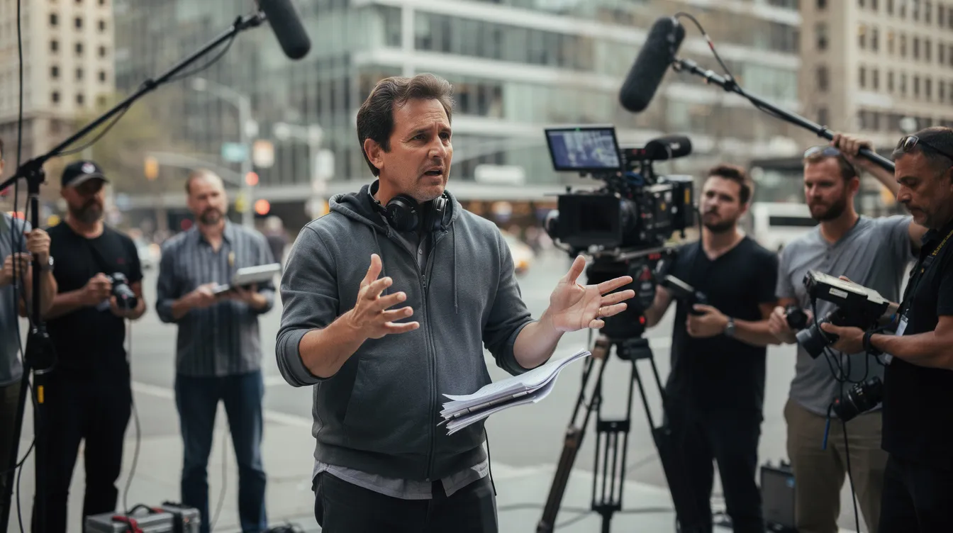 Ein Filmregisseur steht am Set vor einer Filmkamera, während Crew-Mitglieder in einer städtischen Kulisse beschäftigt sind, die eine lebhafte Arbeitsstimmung vermittelt. Die Atmosphäre erinnert an die Welt des Films, in dem Charaktere wie Rocky Balboa und Apollo Creed um den Titel des Schwergewichtsweltmeisters kämpfen.