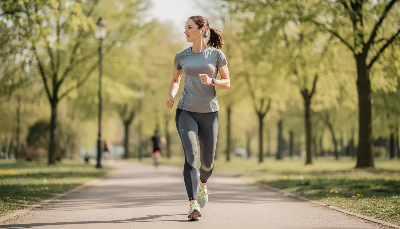 Une femme pratique une activité physique en plein air, comme la marche ou le vélo, dans un environnement naturel. Cette image met en avant l'importance de l'exercice pour la santé des femmes, notamment en lien avec des conditions comme le syndrome des ovaires polykystiques (SOPK).
