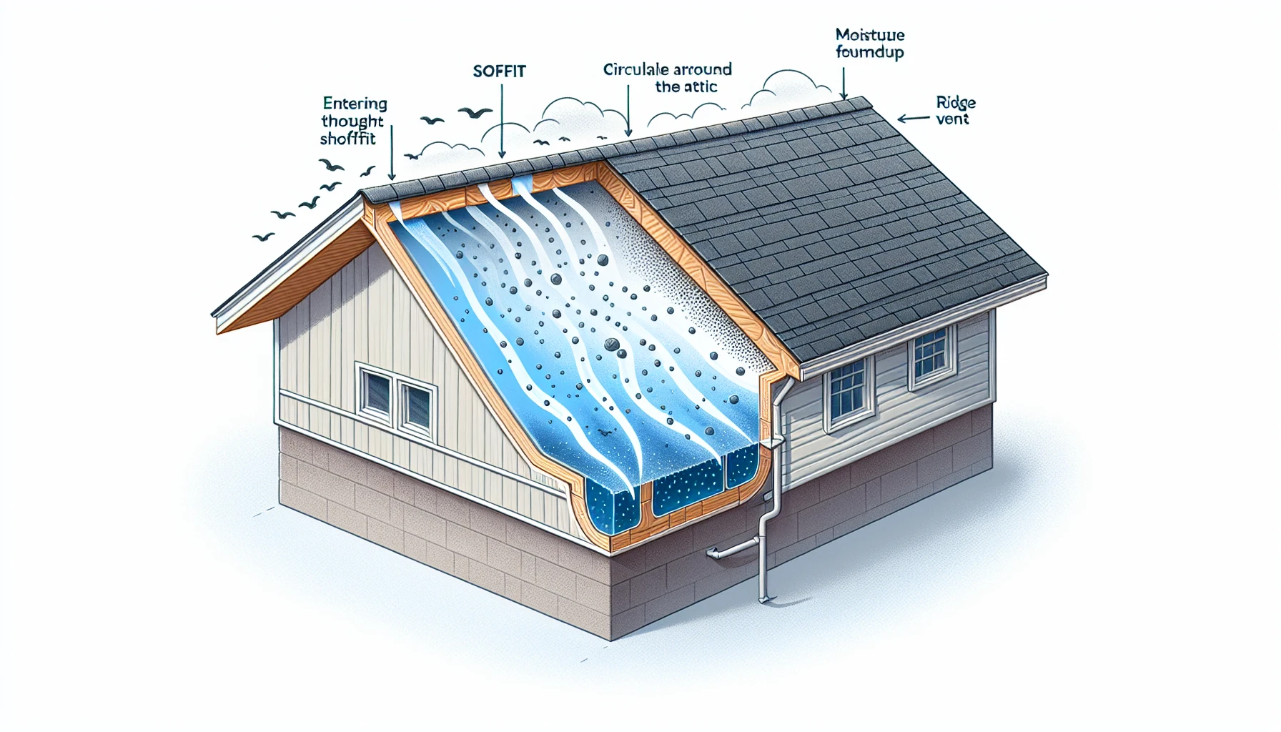 An illustration demonstrating the airflow and ventilation provided by soffit, preventing moisture and mold. 