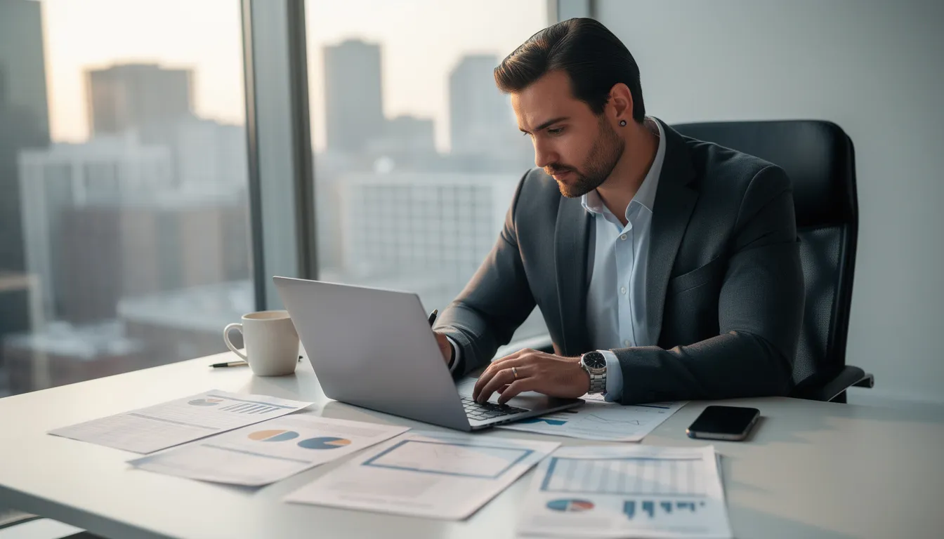 Na zdjęciu widzimy przedsiębiorcę w biurze, który analizuje dokumenty finansowe przy laptopie. W jego rękach znajdują się faktury związane z umowami faktoringowymi, co sugeruje, że zajmuje się uregulowaniem należności oraz monitorowaniem ryzyka niewypłacalności kontrahentów.