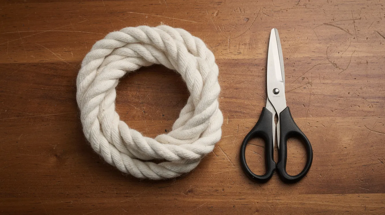 Safe and Fun Bondage Practices for Consenting Adults 2 - Consent Culture The image features a neatly coiled soft cotton rope alongside a pair of EMT trauma shears on a wooden surface, suggesting a focus on safe and fun bondage practices for consenting adults. The presence of safety scissors emphasizes the importance of safety measures and communication in BDSM scenes.