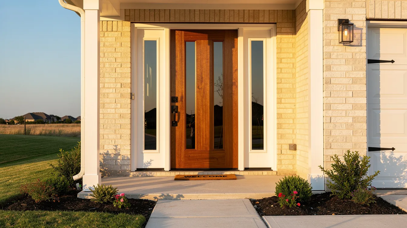 The image shows a completed front entry door upgrade on a suburban Texas home, featuring a stylish new door that enhances the home's curb appeal. The installation highlights the door frame and modern design, showcasing the benefits of door replacement and exterior door installation.
