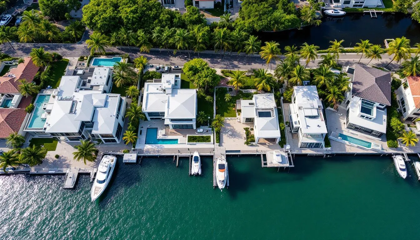 An aerial view showcases luxury waterfront homes with private docks lining a serene canal in Fort Myers, Florida. These intracoastal harbor homes offer easy access to the intracoastal waterway and the Caloosahatchee River, reflecting an ideal lifestyle for those seeking waterfront living in Lee County.