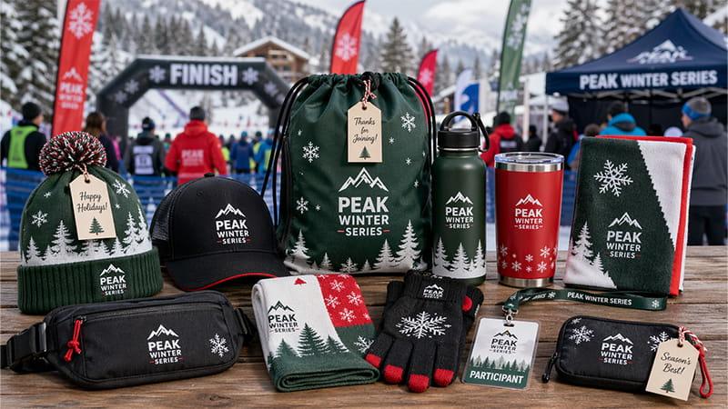 Outdoor winter promotion gift bag with beanie, portable bag and hydration bottle for sports events and holiday campaigns
