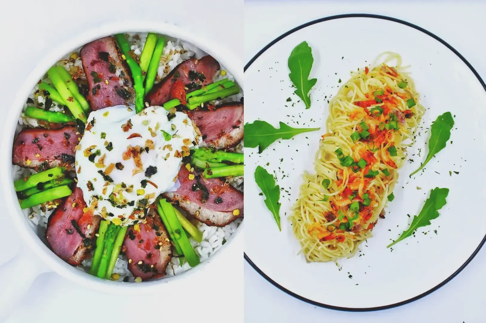 A split-view image showing a savory rice and meat bowl topped with a poached egg and asparagus on the left, and a plate of angel hair pasta garnished with dried shrimp and greens on the right at Cafe Monochrome.