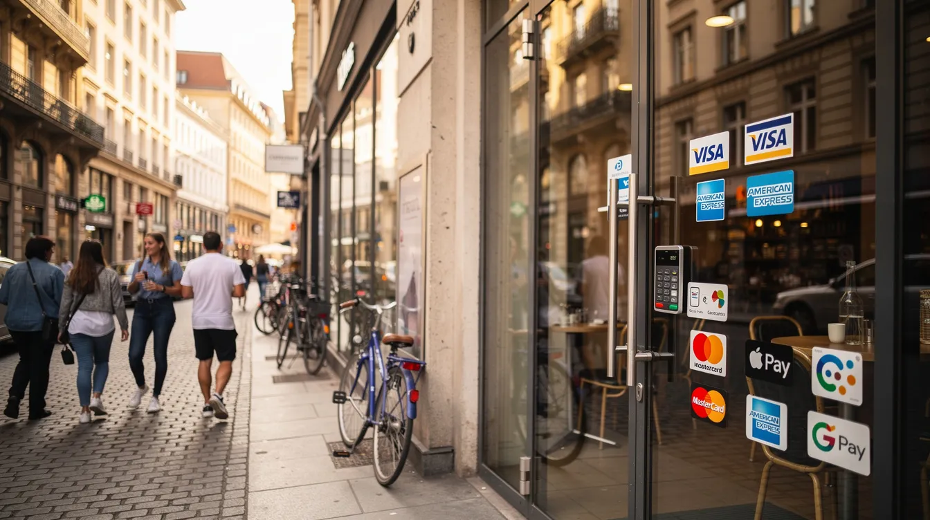 The image depicts a bustling European city street lined with shops showcasing various digital payment logos, including Apple Pay and Google Pay, on their storefronts. This scene highlights the integration of modern payment methods and providers, reflecting the tech-savvy nature of European businesses and their focus on facilitating online and mobile payments.