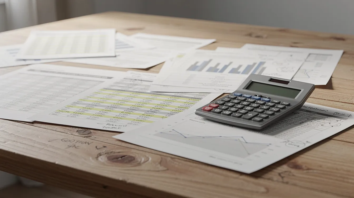The image features a set of financial documents alongside a calculator on a wooden desk, suggesting a workspace focused on business planning and financial analysis. This setup may relate to preparing a project report for a mudra loan or assessing the financial needs of micro enterprises.