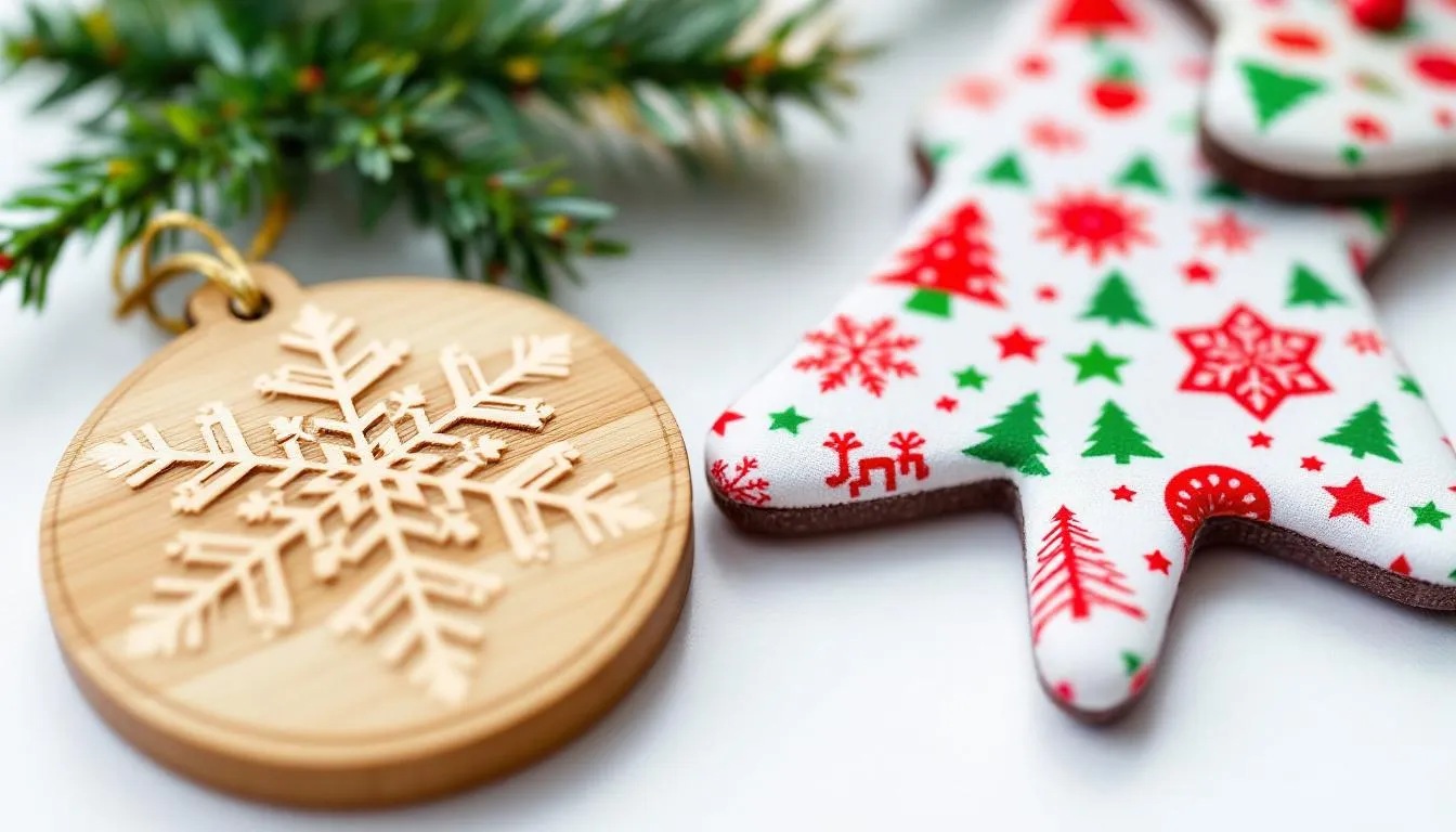 Verschiedene Weihnachtsartikel mit unterschiedlichen Drucktechniken verziert