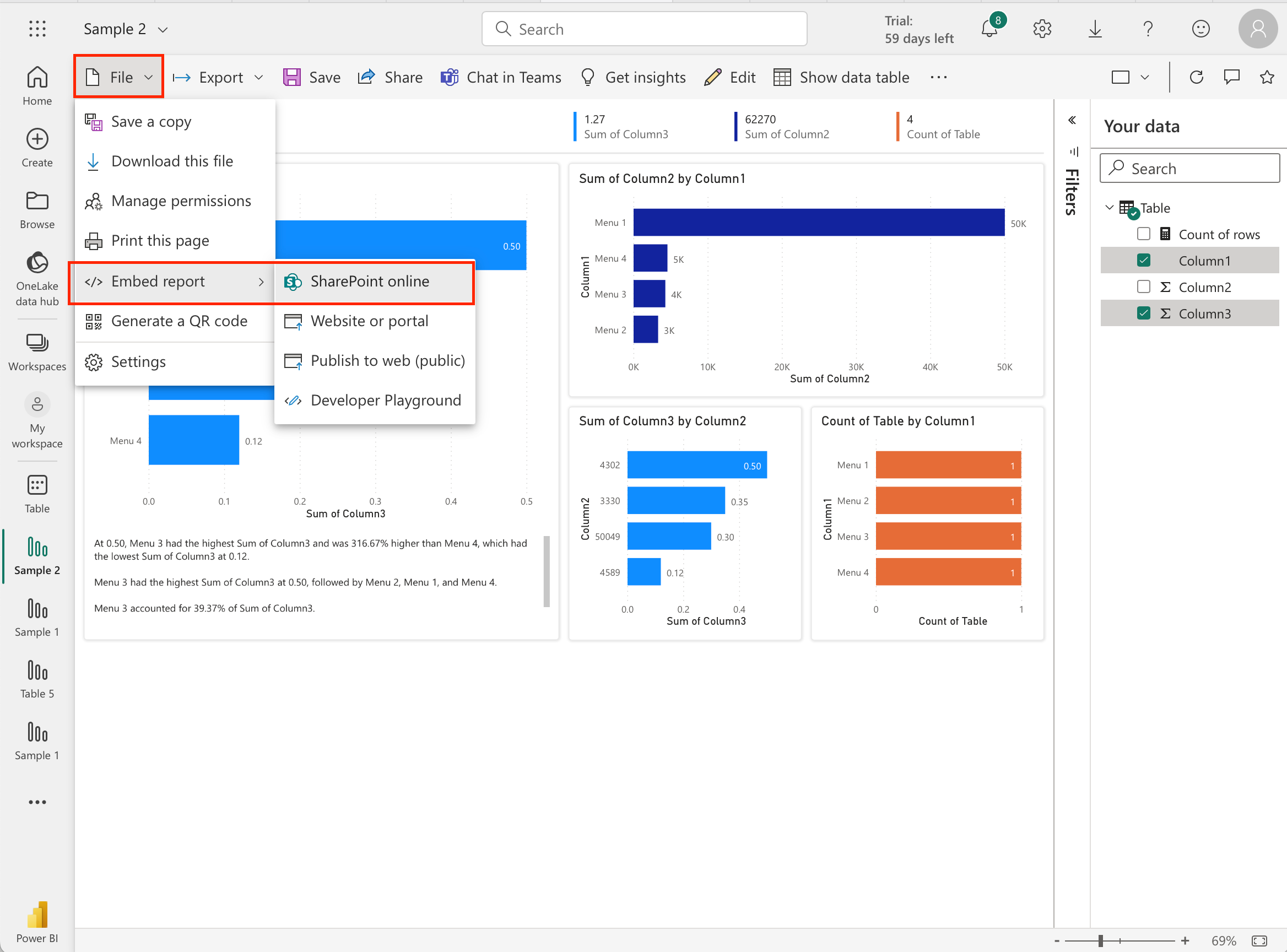 Generate an embed link for your Power BI report