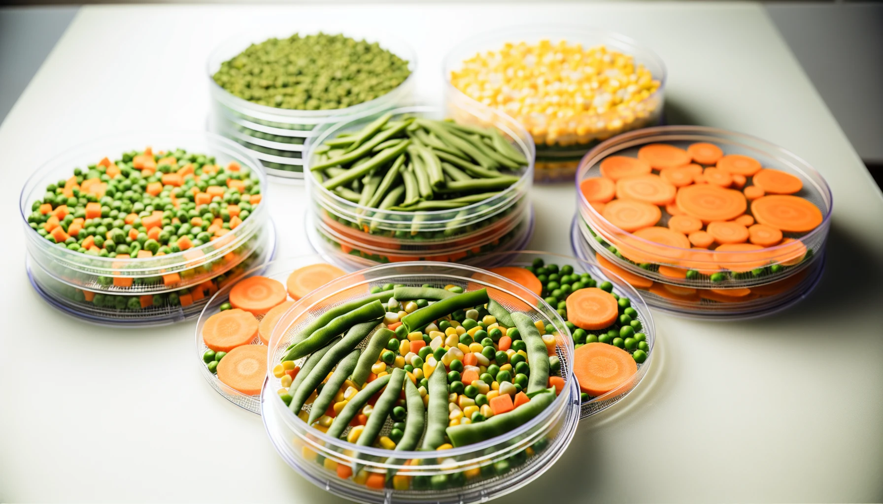 A variety of canned vegetables prepared for dehydration