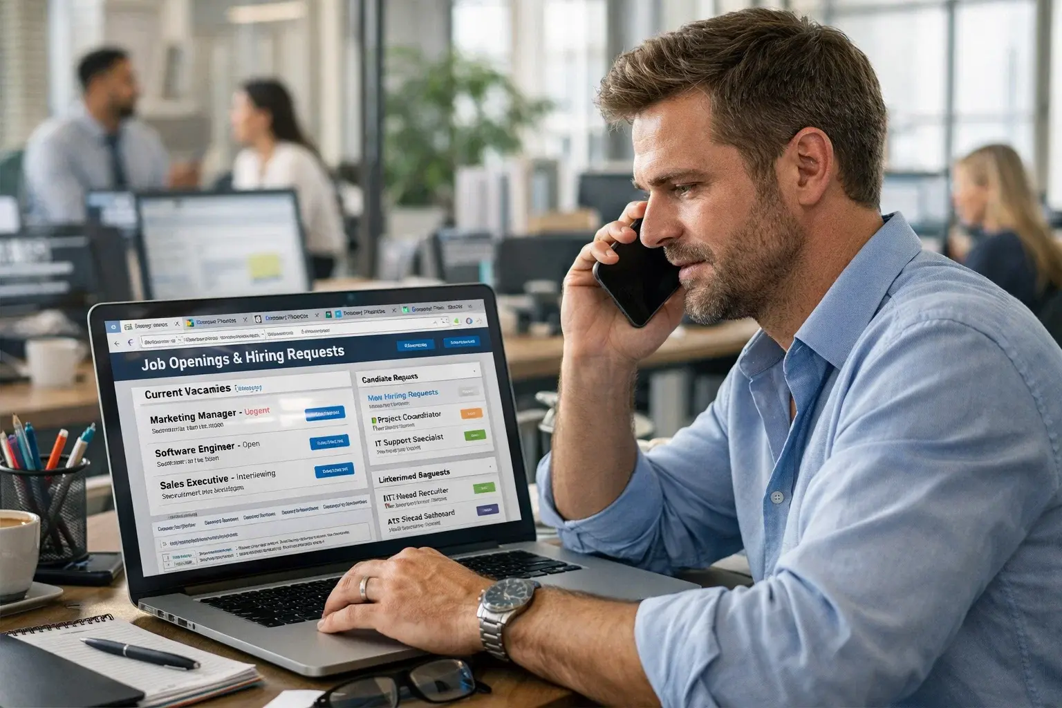 Recruitment consultant responding to urgent hiring request while reviewing recruitment campaigns