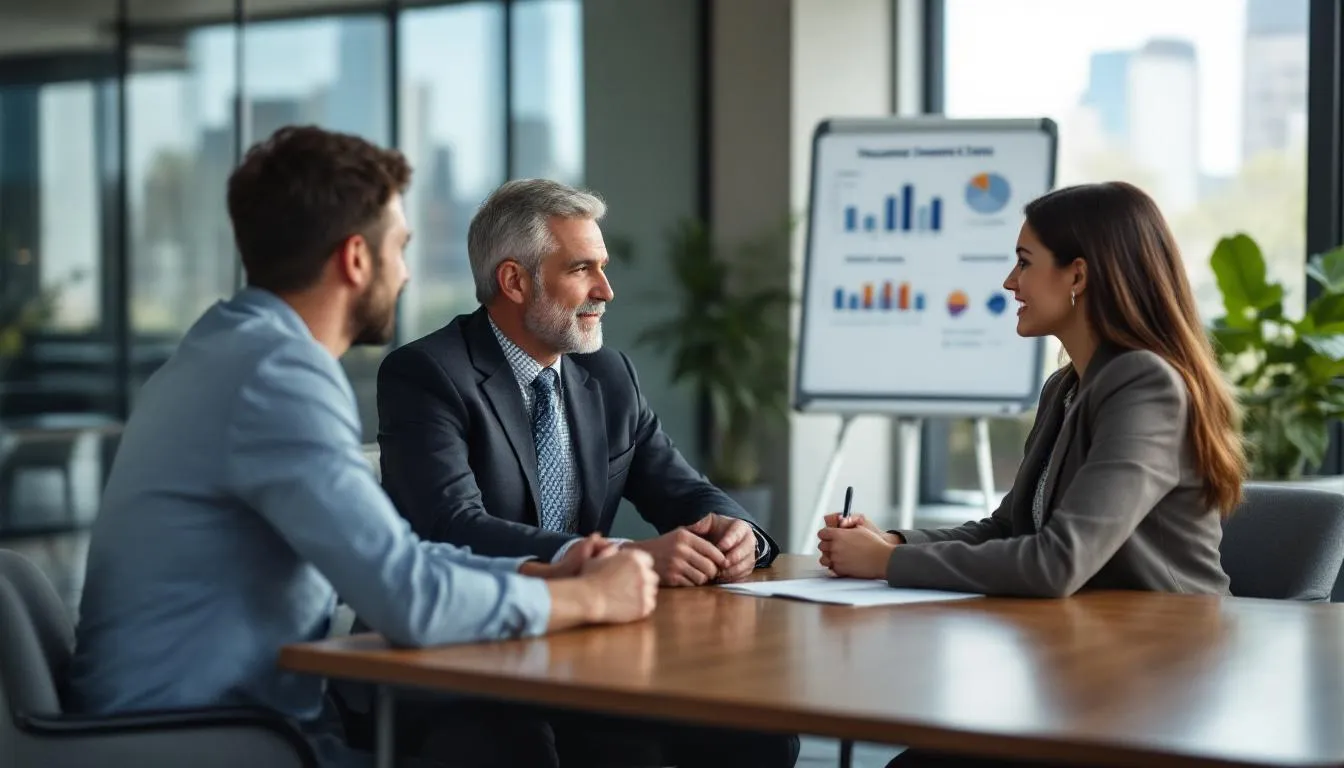 An insurance agent is meeting with clients in a professional office setting, discussing various insurance solutions, including health, auto, and life insurance. The atmosphere is focused and collaborative, as they work together to address the clients' insurance needs and create customized plans for coverage.