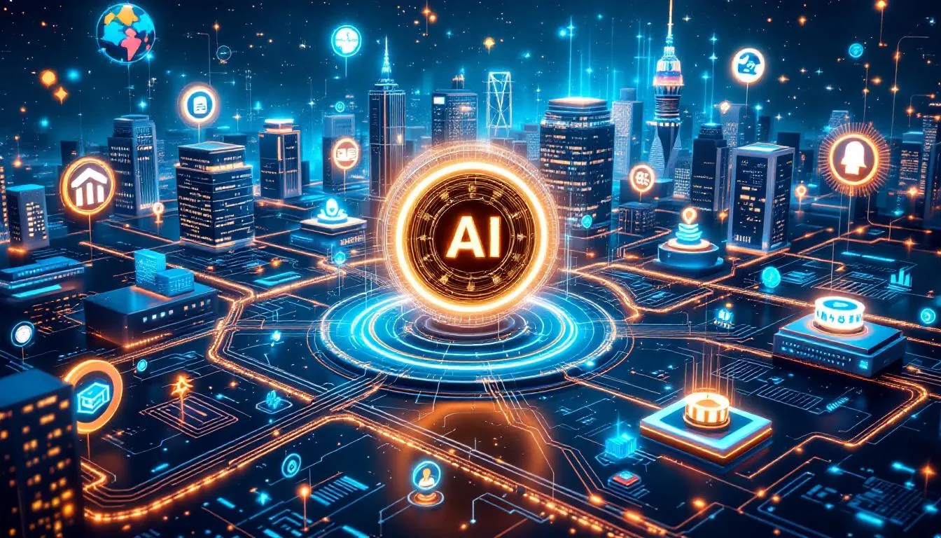 In this image, a digital representation of the concept of AI tokens is depicted, highlighting their potential as a high-conviction investment in 2025. The visuals illustrate the integration of AI and blockchain technology, showcasing decentralized AI marketplaces and AI-powered applications that support complex interactions and trading strategies within the emerging AI economy.