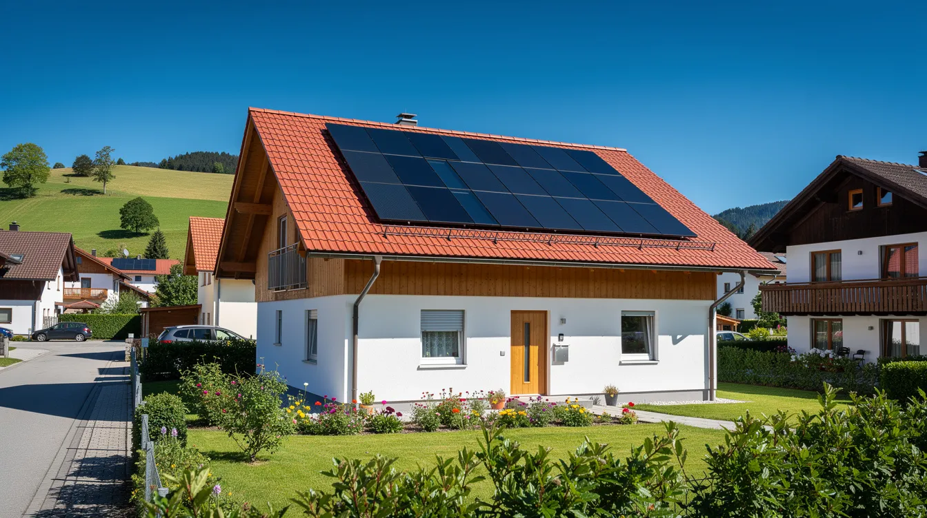 Das Bild zeigt ein Einfamilienhaus in einer bayerischen Wohnsiedlung, dessen Dach mit Solarmodulen ausgestattet ist. Bei strahlendem Sonnenschein reflektieren die Photovoltaikanlagen das Licht und symbolisieren die Nutzung erneuerbarer Energien zur Stromerzeugung.