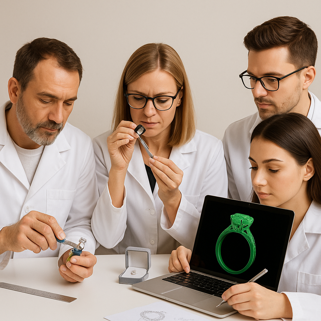 TopDiamonds komanda – juvelyras, gemologė ir dizaineriai kuria deimantų žiedą studijoje, tikrina akmenį ir rodo 3D modelį