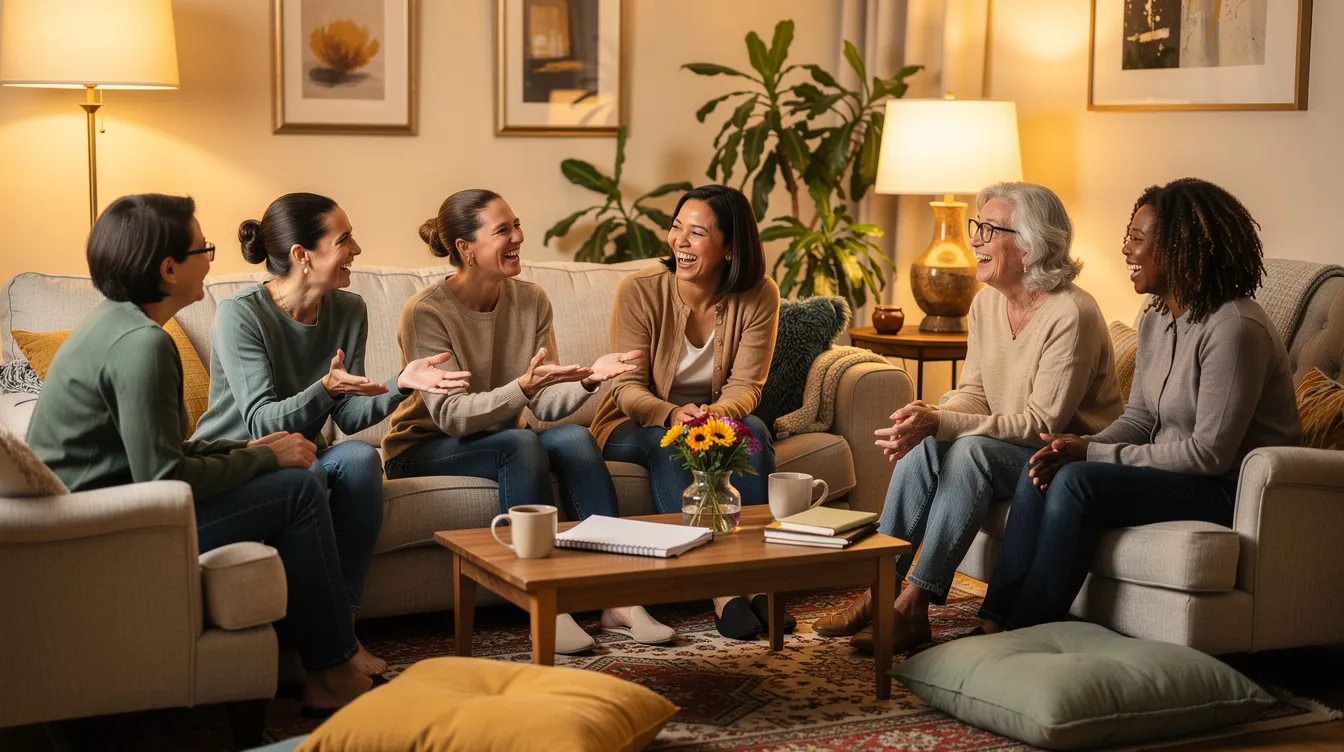 A group of diverse women of various ages sits in a circle in a warm living room, engaged in an animated conversation that fosters emotional support and personal connections. This nurturing environment highlights the importance of sisterhood, as they share their own stories and experiences, empowering each other through mutual support and understanding.