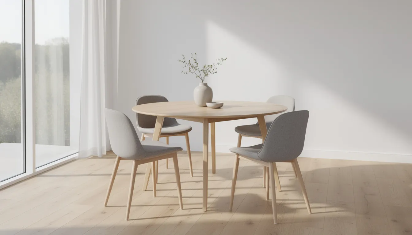 The image features a light Scandinavian-style round dining table with tapered wooden legs, surrounded by simple upholstered chairs, all set in a bright dining room that exudes an inviting atmosphere perfect for family meals and intimate dinners. This stylish dining room table offers ample seating and enhances the overall dining experience in the space.
