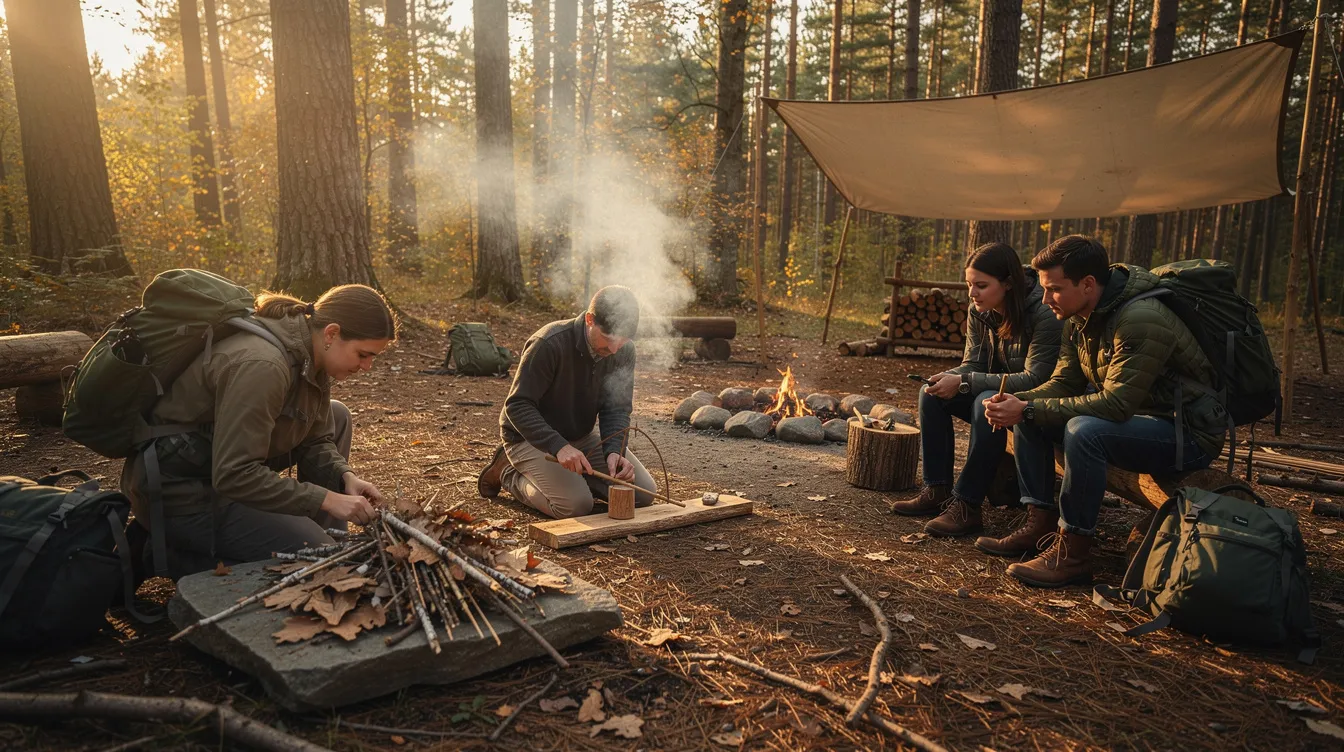 A small group of students is practicing essential fire-making skills during a wilderness survival training course in a natural woodland setting. Instructors guide them through hands-on training, focusing on the necessary skills for outdoor survival and self-reliance.