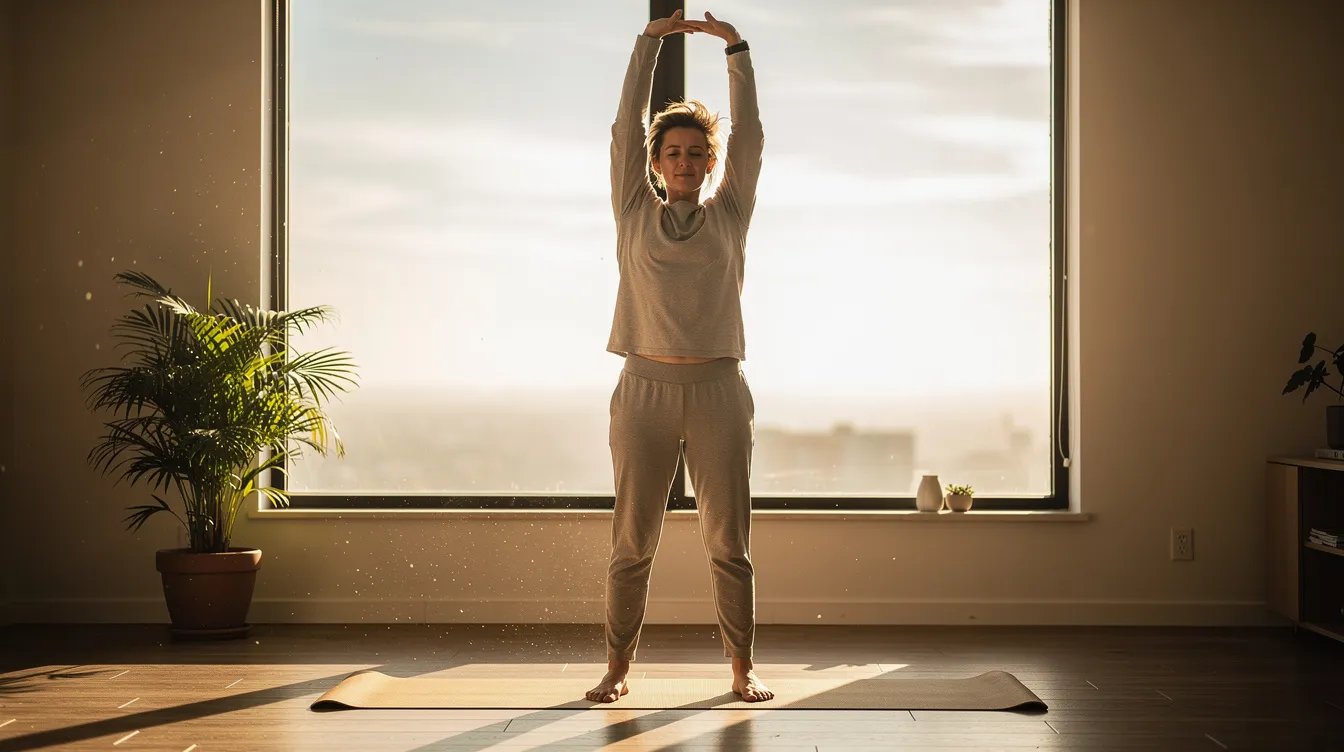 A person is performing morning stretches in natural sunlight streaming through a window, promoting well-rounded health and wellness. The warm light symbolizes the benefits of vitamin D, which supports immune function and overall health.